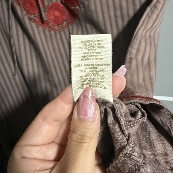 Free People Women Embroidered Scoop Neck Short Sleeve Stripe Top Brown 0 Boho - Picture 6 of 6